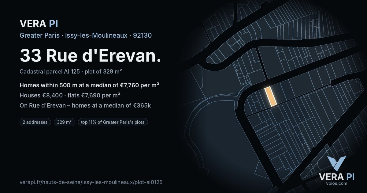 33 Rue d'Erevan, Issy-les-Moulineaux at night – the plot lit, the parcels around coloured by the prices near them