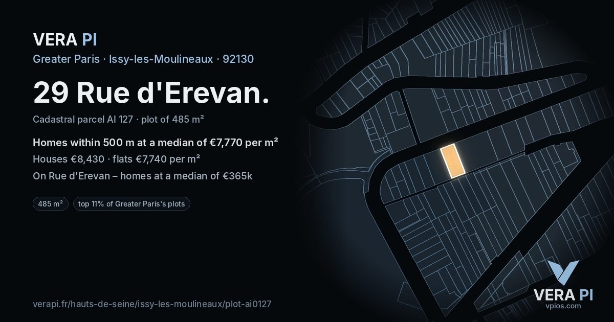 29 Rue d'Erevan, Issy-les-Moulineaux at night – the plot lit, the parcels around coloured by the prices near them