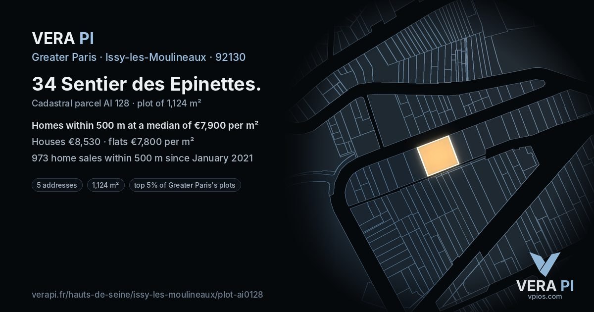 34 Sentier des Epinettes, Issy-les-Moulineaux at night – the plot lit, the parcels around coloured by the prices near them