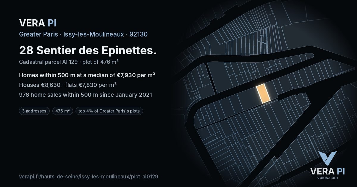 28 Sentier des Epinettes, Issy-les-Moulineaux at night – the plot lit, the parcels around coloured by the prices near them