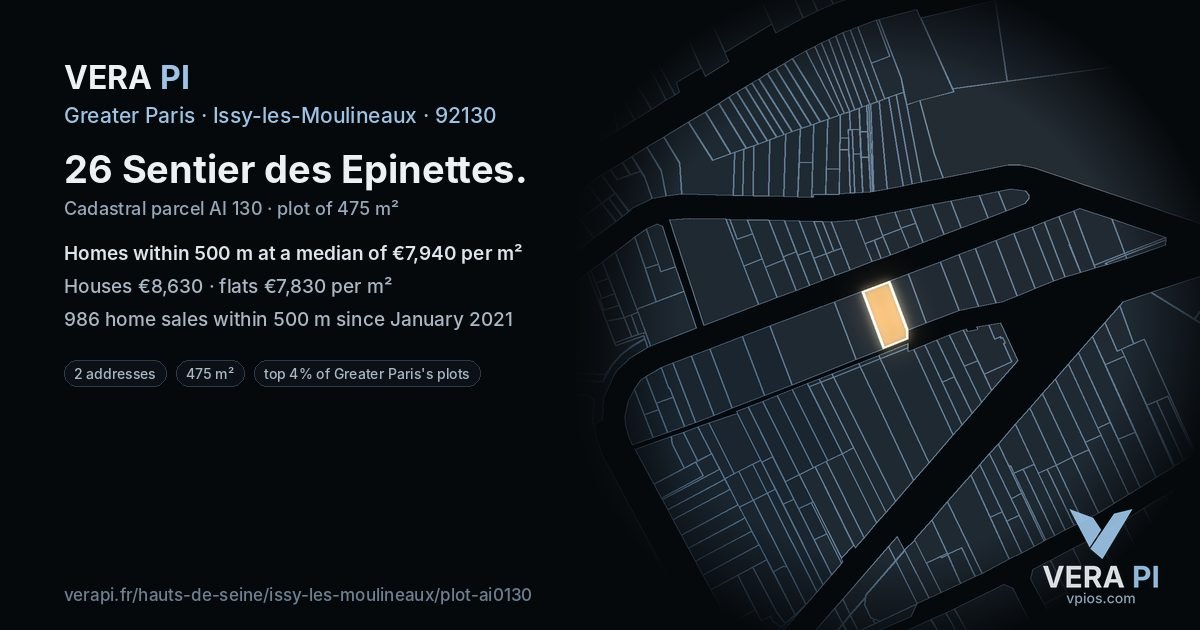 26 Sentier des Epinettes, Issy-les-Moulineaux at night – the plot lit, the parcels around coloured by the prices near them