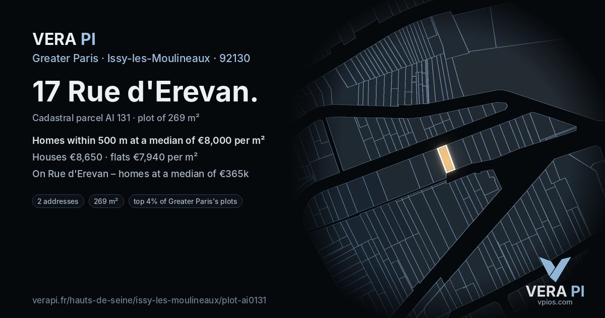 17 Rue d'Erevan, Issy-les-Moulineaux at night – the plot lit, the parcels around coloured by the prices near them