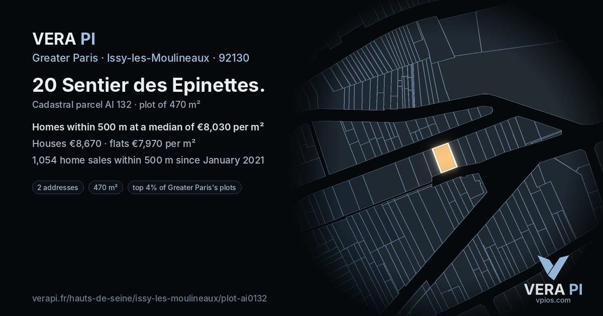 20 Sentier des Epinettes, Issy-les-Moulineaux at night – the plot lit, the parcels around coloured by the prices near them