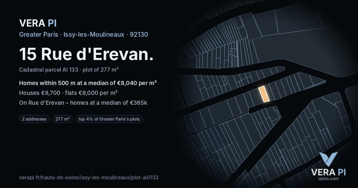 15 Rue d'Erevan, Issy-les-Moulineaux at night – the plot lit, the parcels around coloured by the prices near them