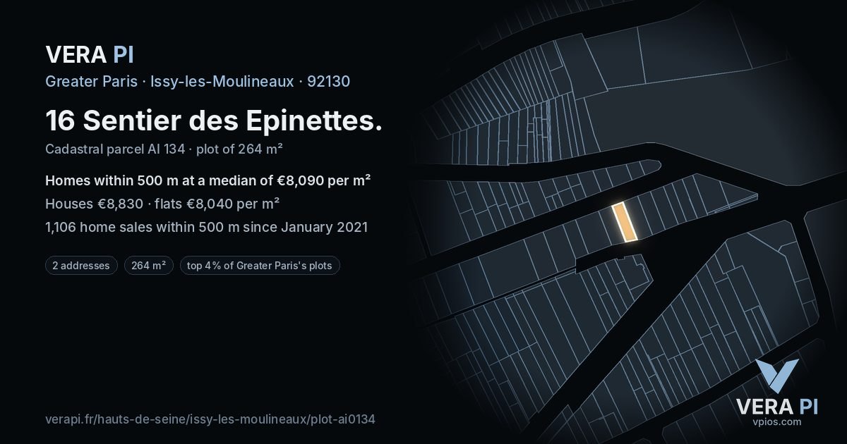 16 Sentier des Epinettes, Issy-les-Moulineaux at night – the plot lit, the parcels around coloured by the prices near them