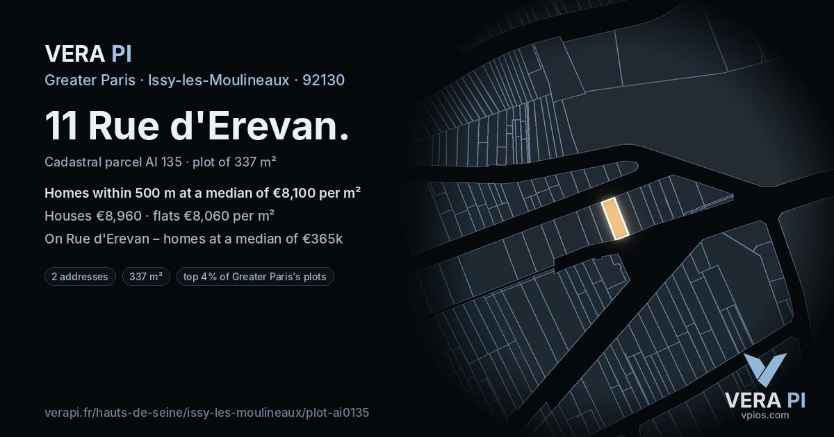 11 Rue d'Erevan, Issy-les-Moulineaux at night – the plot lit, the parcels around coloured by the prices near them