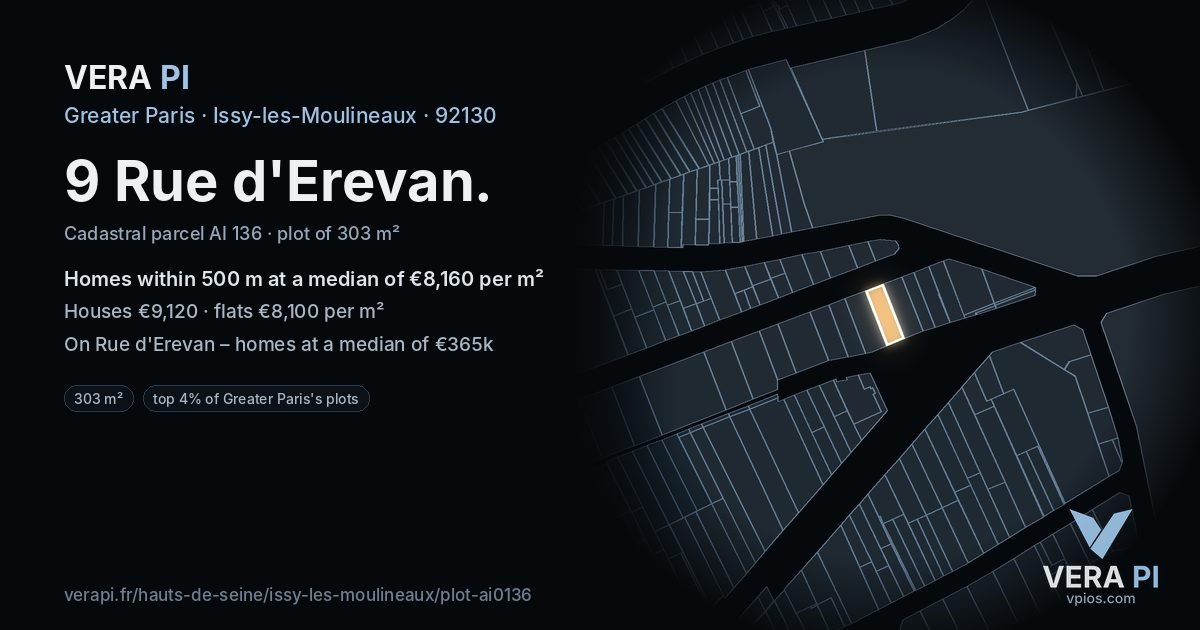 9 Rue d'Erevan, Issy-les-Moulineaux at night – the plot lit, the parcels around coloured by the prices near them