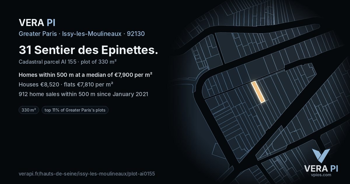 31 Sentier des Epinettes, Issy-les-Moulineaux at night – the plot lit, the parcels around coloured by the prices near them