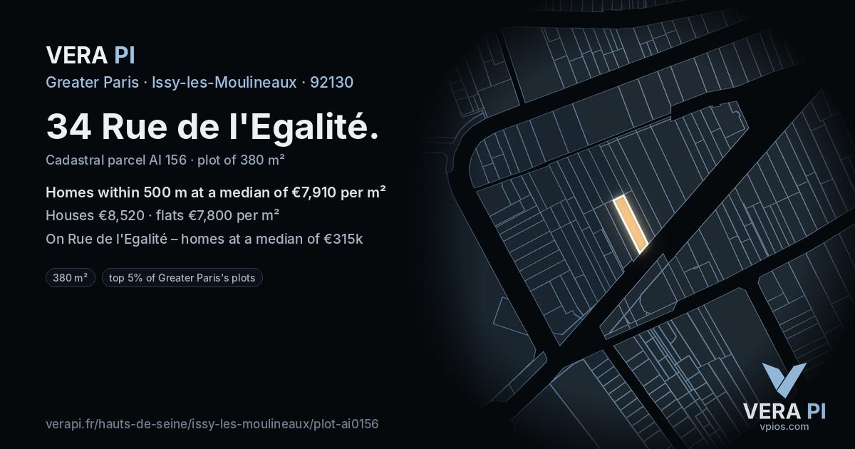 34 Rue de l'Egalité, Issy-les-Moulineaux at night – the plot lit, the parcels around coloured by the prices near them