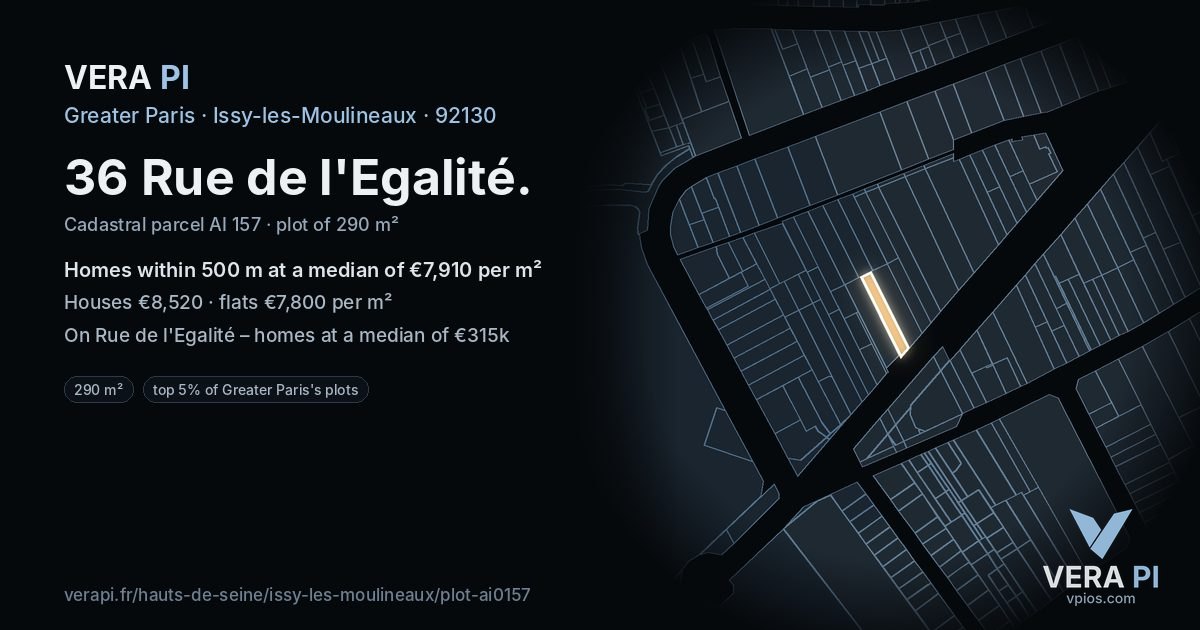 36 Rue de l'Egalité, Issy-les-Moulineaux at night – the plot lit, the parcels around coloured by the prices near them