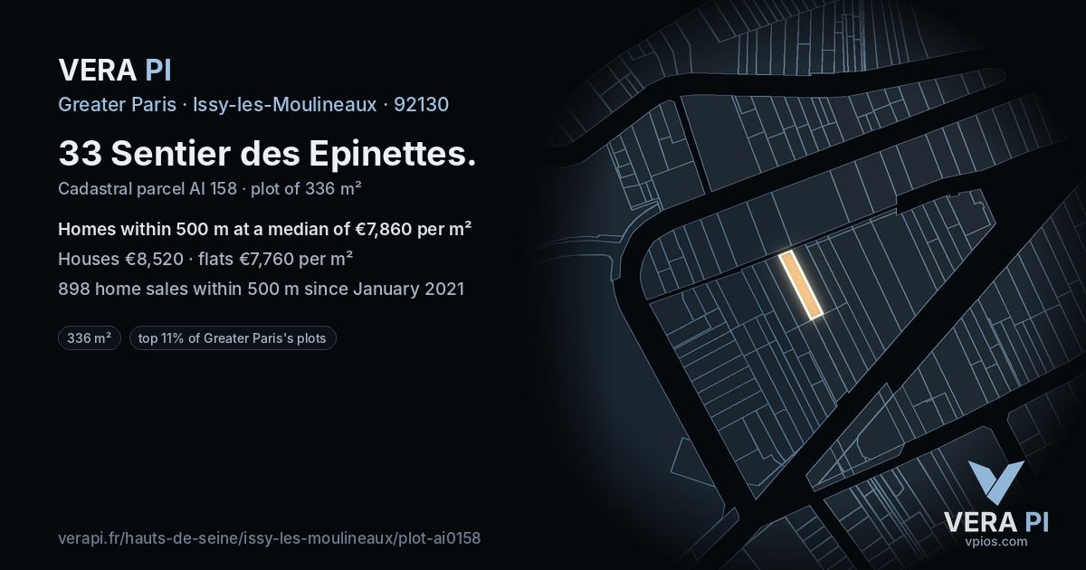 33 Sentier des Epinettes, Issy-les-Moulineaux at night – the plot lit, the parcels around coloured by the prices near them