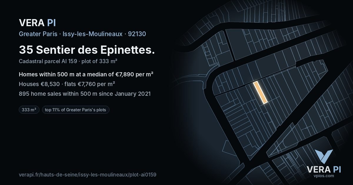 35 Sentier des Epinettes, Issy-les-Moulineaux at night – the plot lit, the parcels around coloured by the prices near them