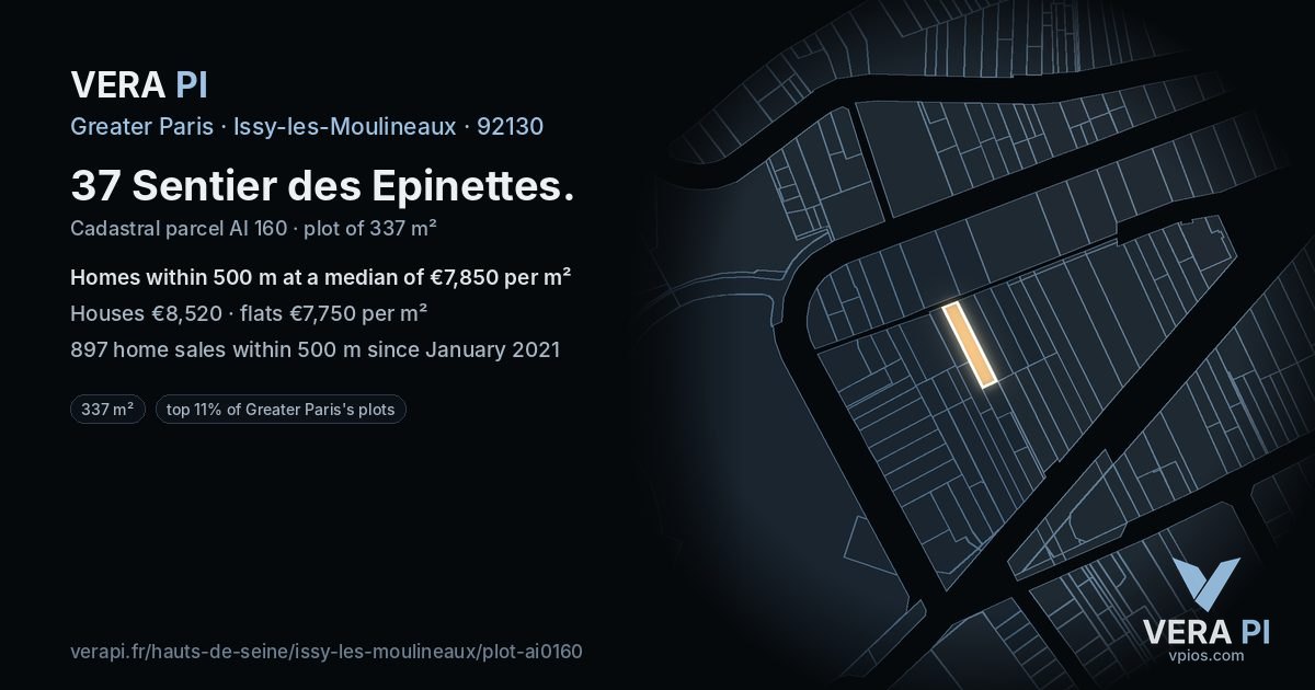 37 Sentier des Epinettes, Issy-les-Moulineaux at night – the plot lit, the parcels around coloured by the prices near them