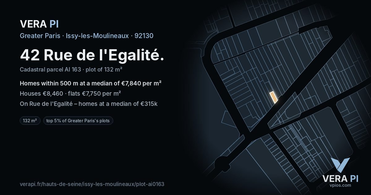 42 Rue de l'Egalité, Issy-les-Moulineaux at night – the plot lit, the parcels around coloured by the prices near them