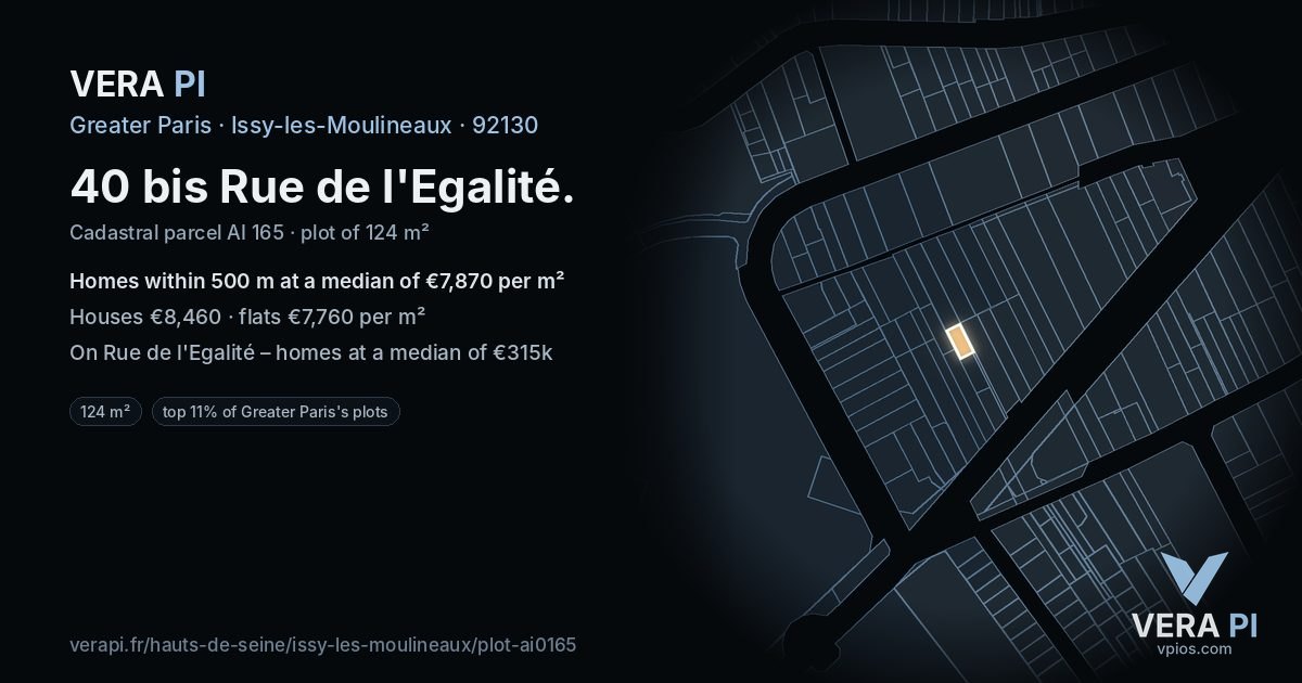 40 bis Rue de l'Egalité, Issy-les-Moulineaux at night – the plot lit, the parcels around coloured by the prices near them