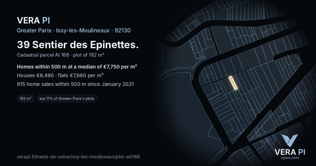 39 Sentier des Epinettes, Issy-les-Moulineaux at night – the plot lit, the parcels around coloured by the prices near them