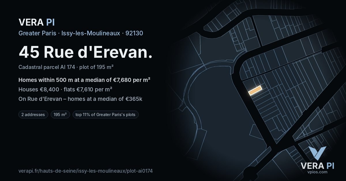 45 Rue d'Erevan, Issy-les-Moulineaux at night – the plot lit, the parcels around coloured by the prices near them