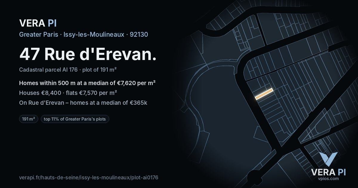 47 Rue d'Erevan, Issy-les-Moulineaux at night – the plot lit, the parcels around coloured by the prices near them