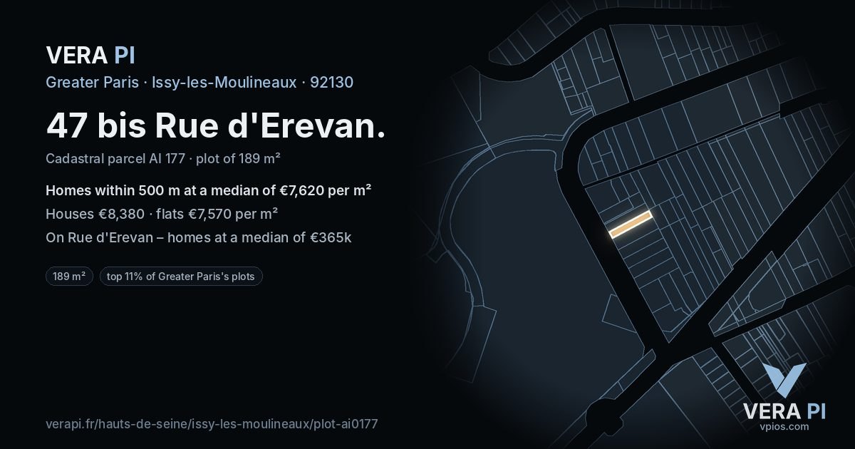 47 bis Rue d'Erevan, Issy-les-Moulineaux at night – the plot lit, the parcels around coloured by the prices near them