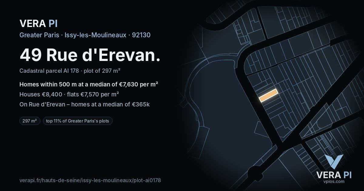 49 Rue d'Erevan, Issy-les-Moulineaux at night – the plot lit, the parcels around coloured by the prices near them
