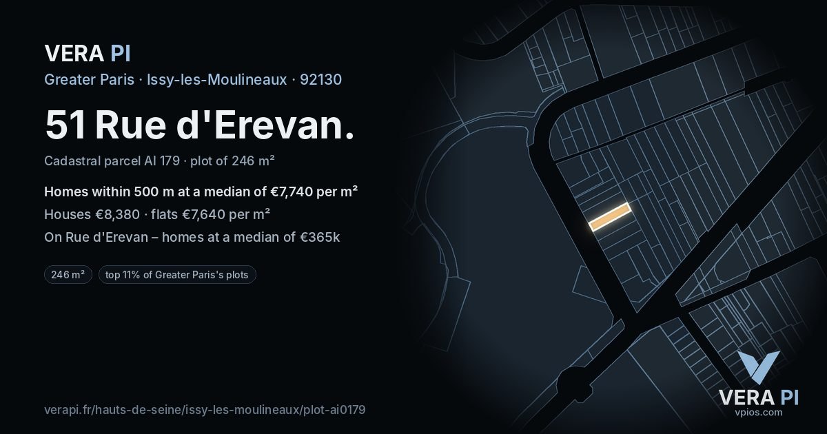 51 Rue d'Erevan, Issy-les-Moulineaux at night – the plot lit, the parcels around coloured by the prices near them