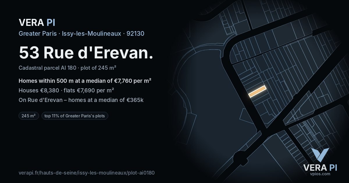 53 Rue d'Erevan, Issy-les-Moulineaux at night – the plot lit, the parcels around coloured by the prices near them