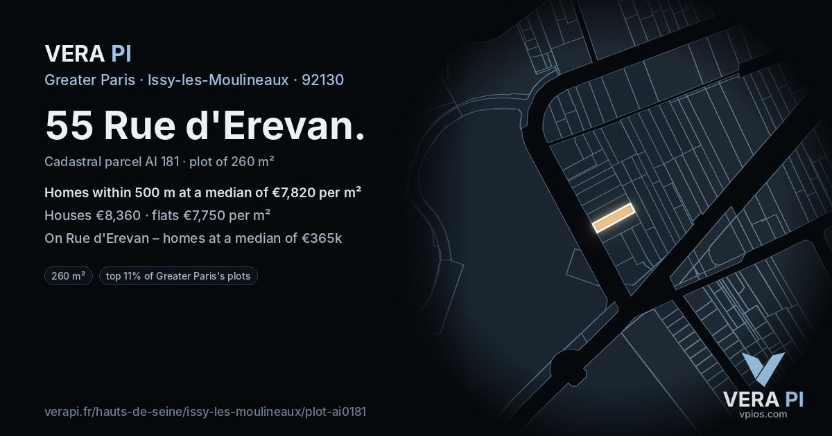 55 Rue d'Erevan, Issy-les-Moulineaux at night – the plot lit, the parcels around coloured by the prices near them