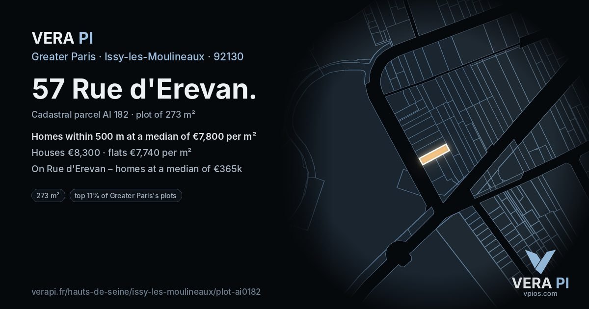 57 Rue d'Erevan, Issy-les-Moulineaux at night – the plot lit, the parcels around coloured by the prices near them