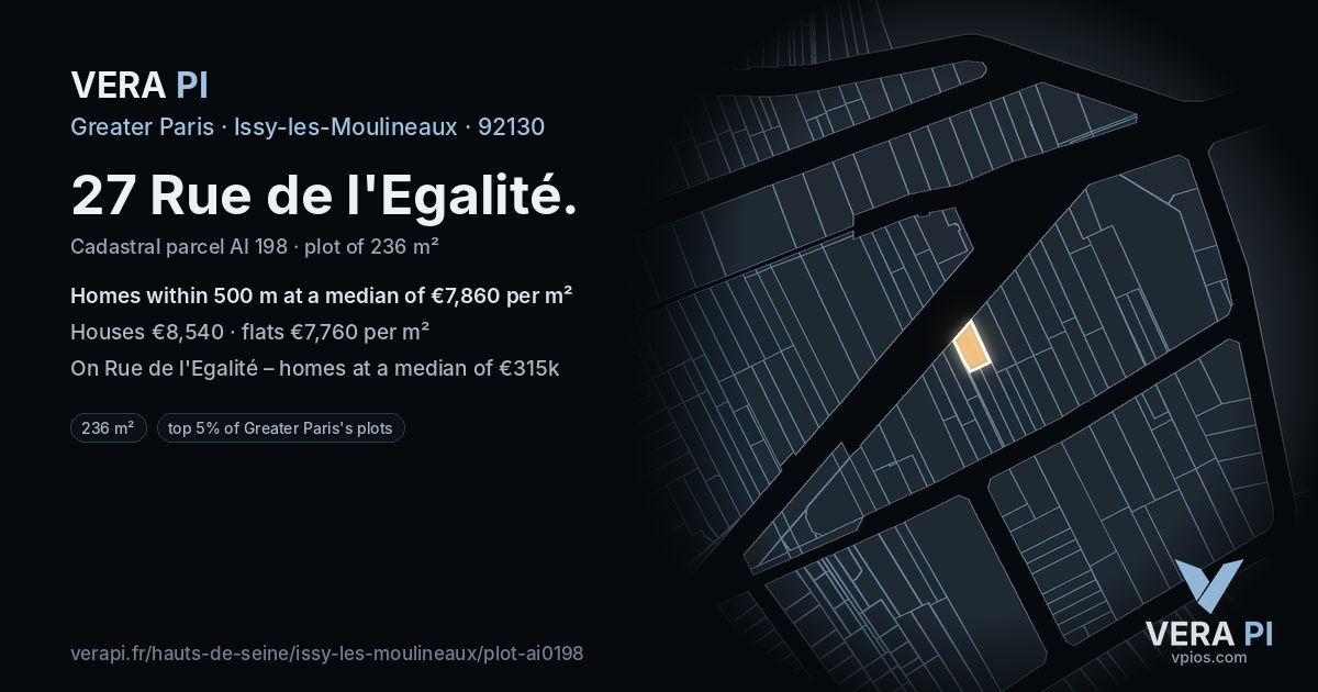27 Rue de l'Egalité, Issy-les-Moulineaux at night – the plot lit, the parcels around coloured by the prices near them