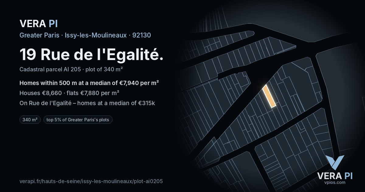 19 Rue de l'Egalité, Issy-les-Moulineaux at night – the plot lit, the parcels around coloured by the prices near them