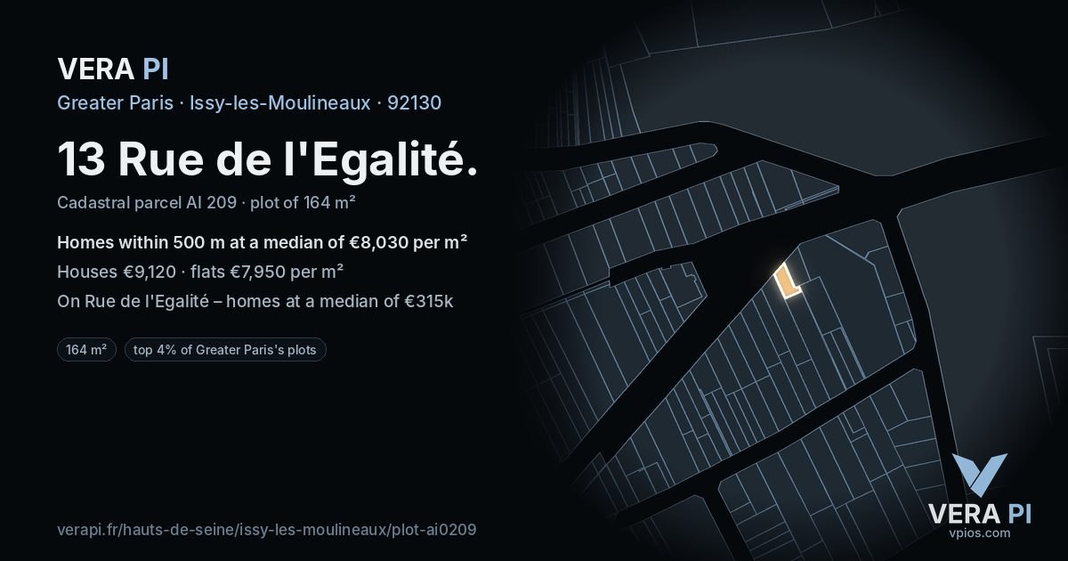 13 Rue de l'Egalité, Issy-les-Moulineaux at night – the plot lit, the parcels around coloured by the prices near them