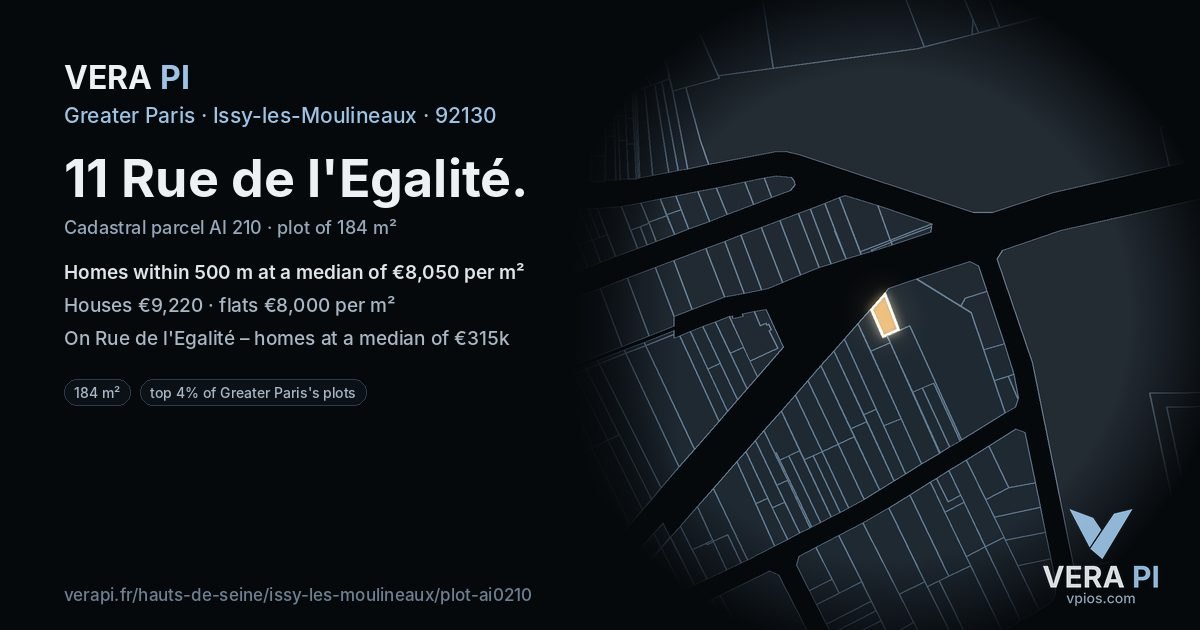 11 Rue de l'Egalité, Issy-les-Moulineaux at night – the plot lit, the parcels around coloured by the prices near them