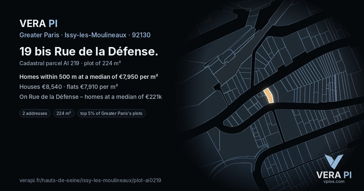 19 bis Rue de la Défense, Issy-les-Moulineaux at night – the plot lit, the parcels around coloured by the prices near them