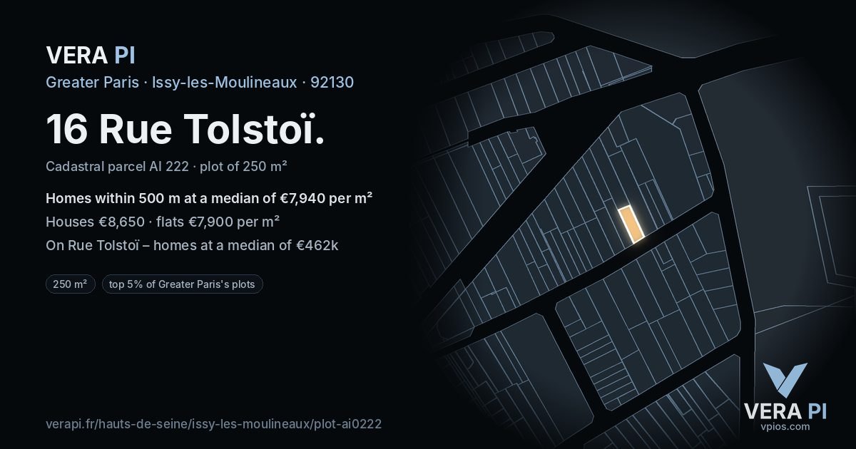 16 Rue Tolstoï, Issy-les-Moulineaux at night – the plot lit, the parcels around coloured by the prices near them