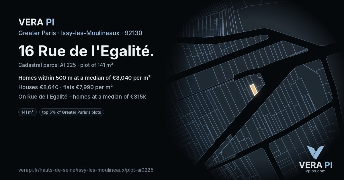 16 Rue de l'Egalité, Issy-les-Moulineaux at night – the plot lit, the parcels around coloured by the prices near them