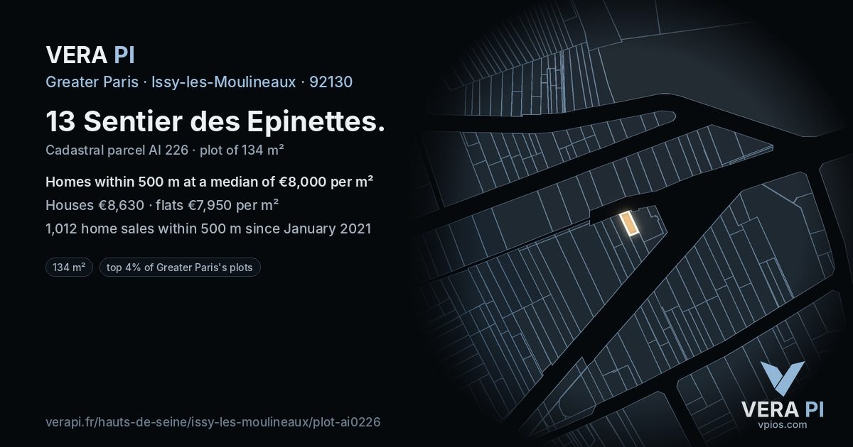 13 Sentier des Epinettes, Issy-les-Moulineaux at night – the plot lit, the parcels around coloured by the prices near them