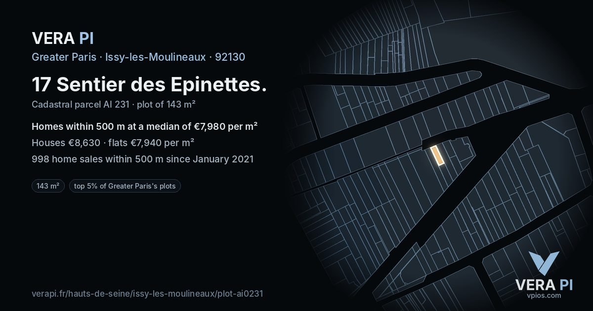 17 Sentier des Epinettes, Issy-les-Moulineaux at night – the plot lit, the parcels around coloured by the prices near them
