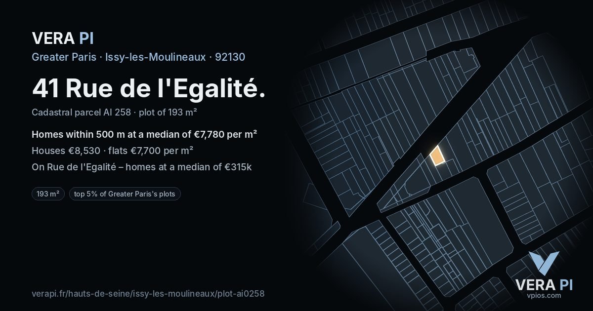 41 Rue de l'Egalité, Issy-les-Moulineaux at night – the plot lit, the parcels around coloured by the prices near them