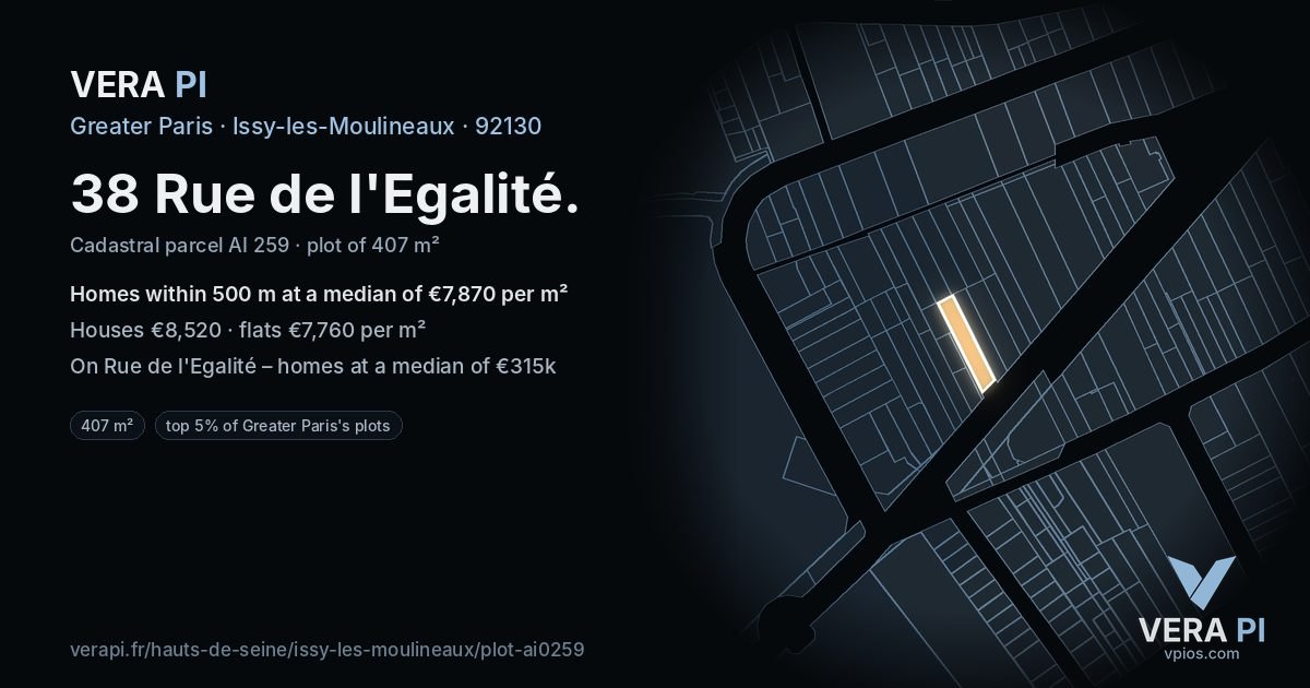 38 Rue de l'Egalité, Issy-les-Moulineaux at night – the plot lit, the parcels around coloured by the prices near them