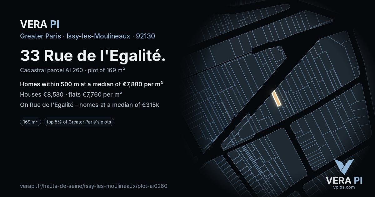 33 Rue de l'Egalité, Issy-les-Moulineaux at night – the plot lit, the parcels around coloured by the prices near them