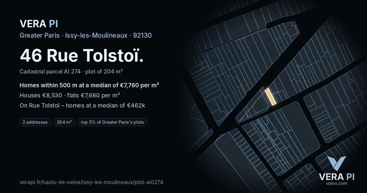 46 Rue Tolstoï, Issy-les-Moulineaux at night – the plot lit, the parcels around coloured by the prices near them