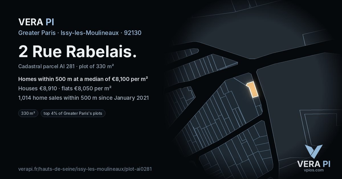 2 Rue Rabelais, Issy-les-Moulineaux at night – the plot lit, the parcels around coloured by the prices near them