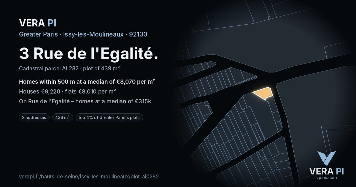 3 Rue de l'Egalité, Issy-les-Moulineaux at night – the plot lit, the parcels around coloured by the prices near them