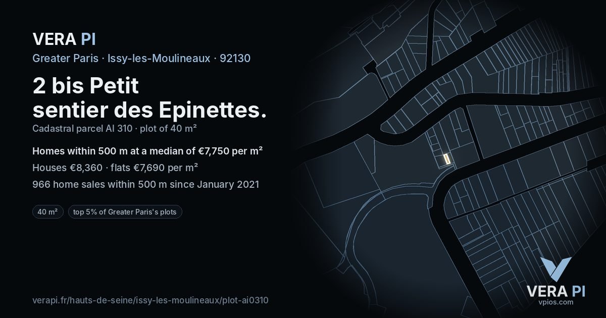 2 bis Petit sentier des Epinettes, Issy-les-Moulineaux at night – the plot lit, the parcels around coloured by the prices near them