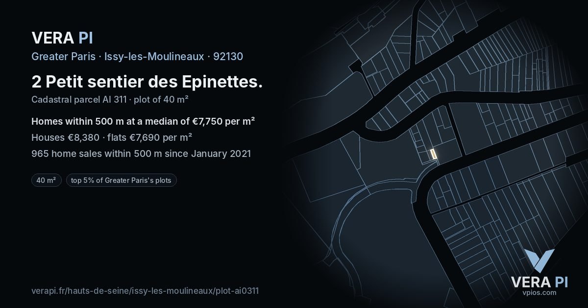 2 Petit sentier des Epinettes, Issy-les-Moulineaux at night – the plot lit, the parcels around coloured by the prices near them