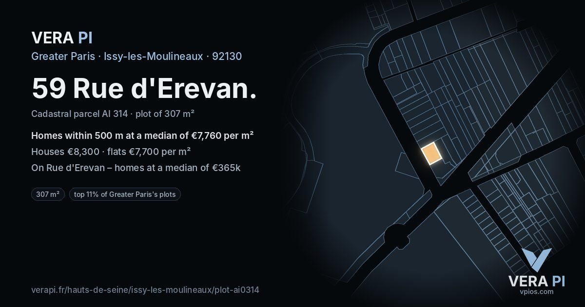 59 Rue d'Erevan, Issy-les-Moulineaux at night – the plot lit, the parcels around coloured by the prices near them