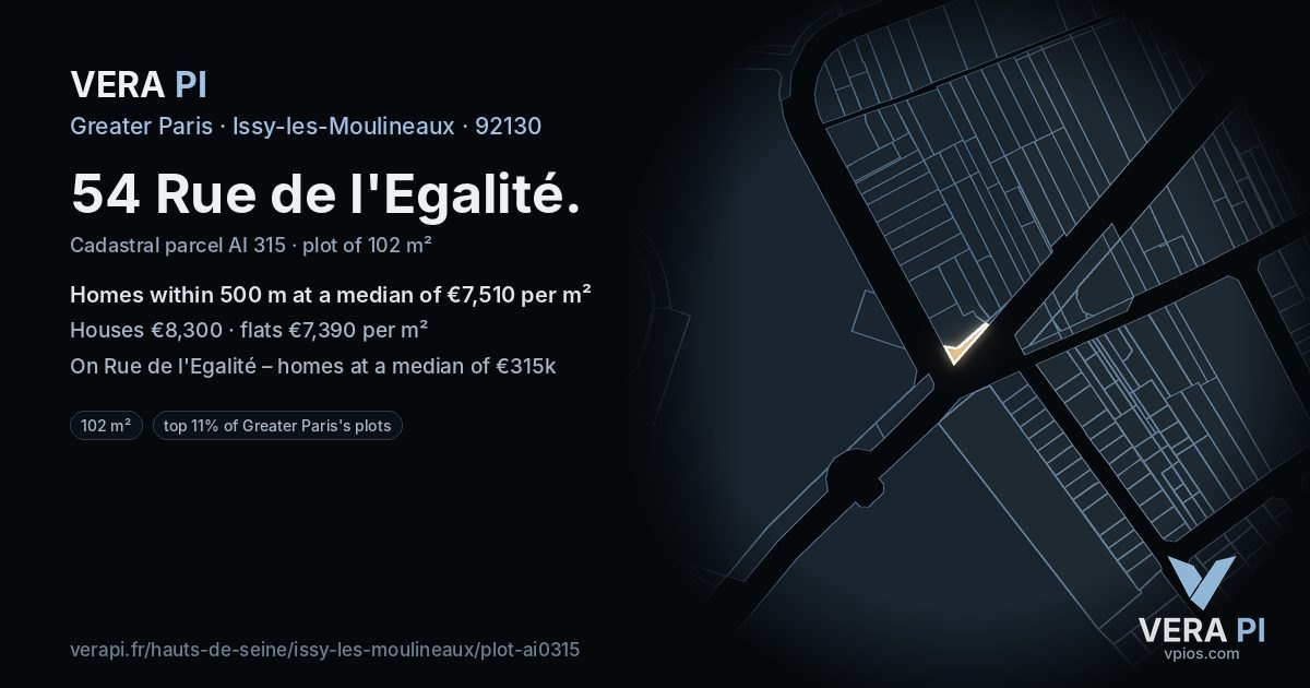 54 Rue de l'Egalité, Issy-les-Moulineaux at night – the plot lit, the parcels around coloured by the prices near them