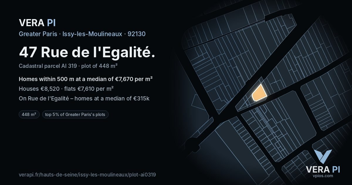 47 Rue de l'Egalité, Issy-les-Moulineaux at night – the plot lit, the parcels around coloured by the prices near them