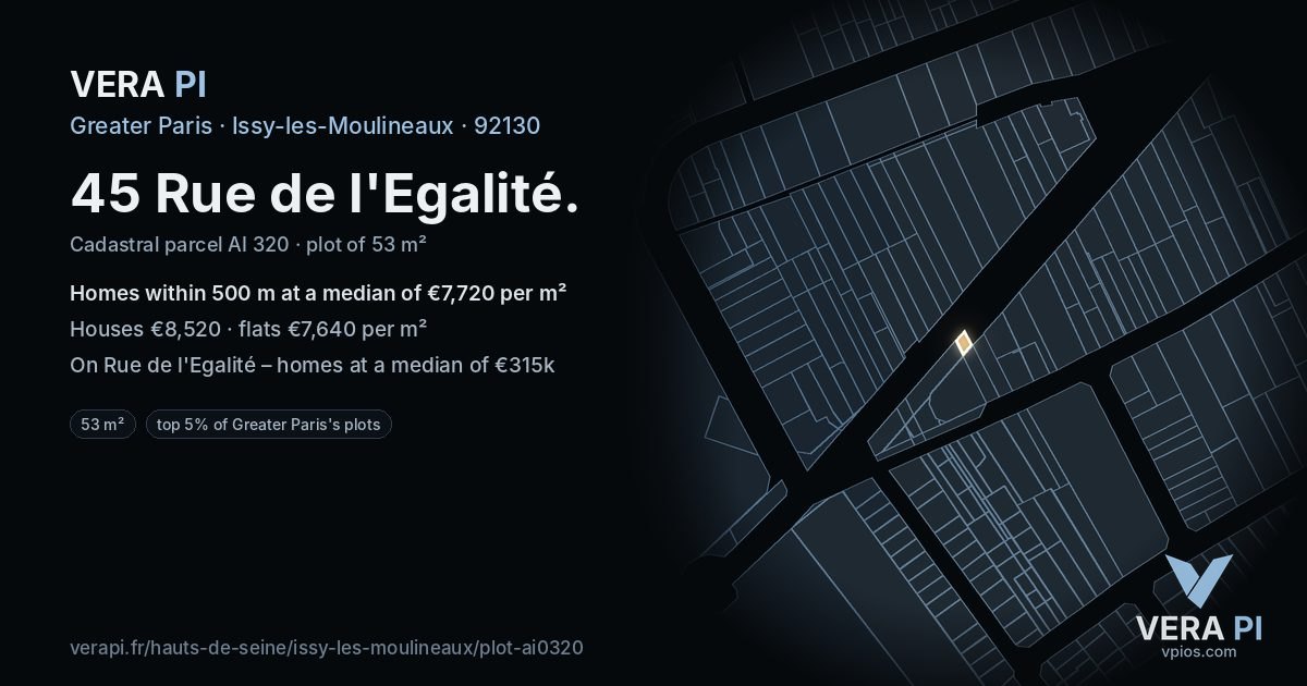 45 Rue de l'Egalité, Issy-les-Moulineaux at night – the plot lit, the parcels around coloured by the prices near them