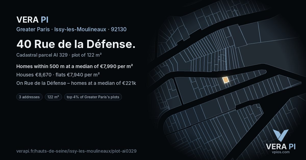 40 Rue de la Défense, Issy-les-Moulineaux at night – the plot lit, the parcels around coloured by the prices near them